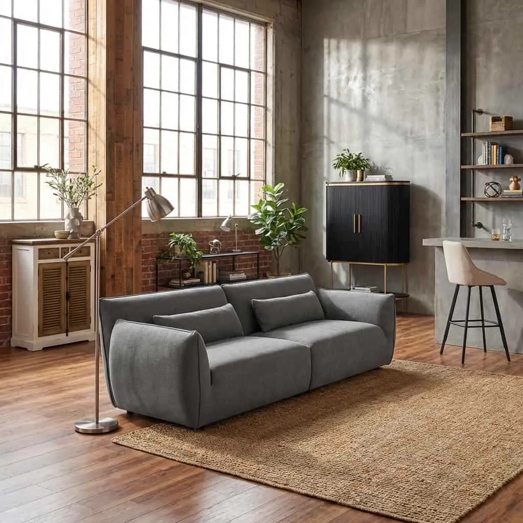De Aberdeen 4-seater - stof Eden 20 graphite in een ruime, industriële woonkamer met houten vloer en jute vloerkleed - Tower Living