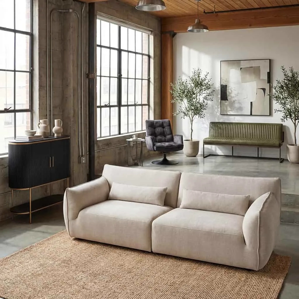 De Aberdeen 4-seater - stof Eden 3 cream staat in een lichte woonkamer met grote ramen en planten - Tower Living