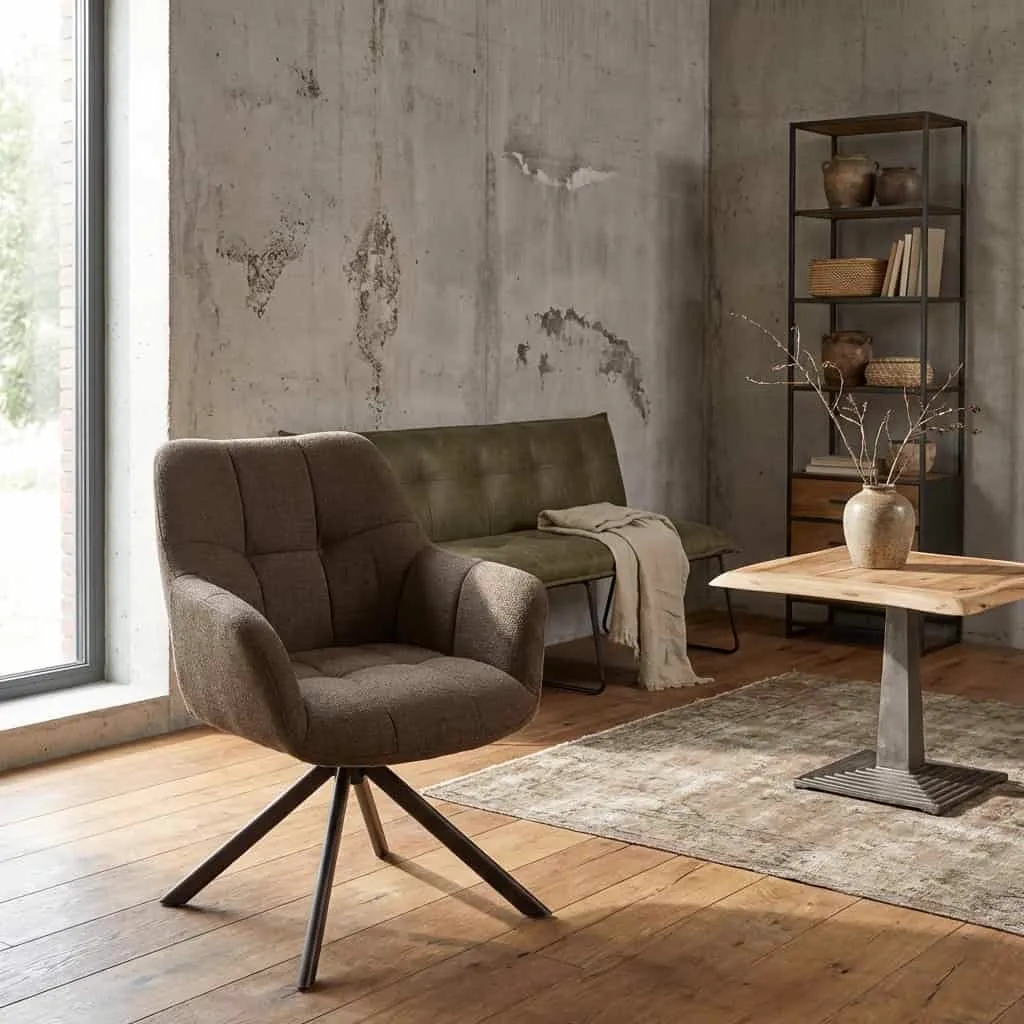 Alba Armsessel in Alpine dark brown 18 in einem industriellen Wohnzimmer mit Bank und Bücherregal - Tower Living
