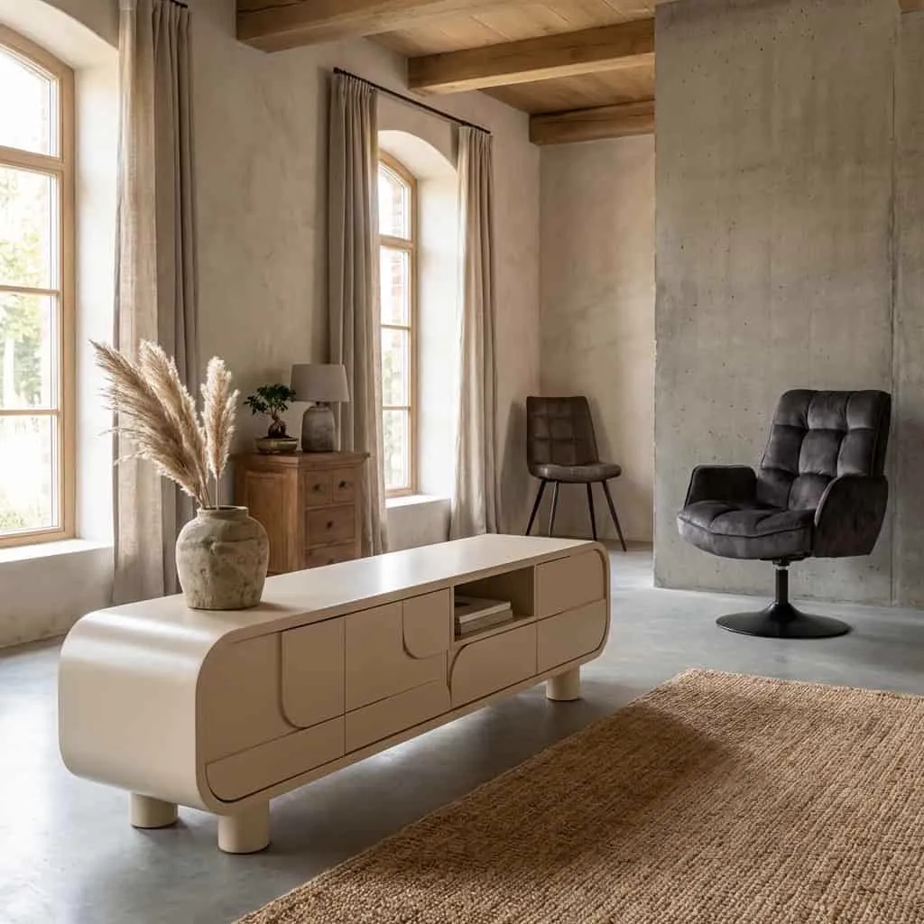 Alviano TV-Schrank 180 cm in einem stimmungsvollen Wohnzimmer mit Teppich und Sesseln - Tower Living
