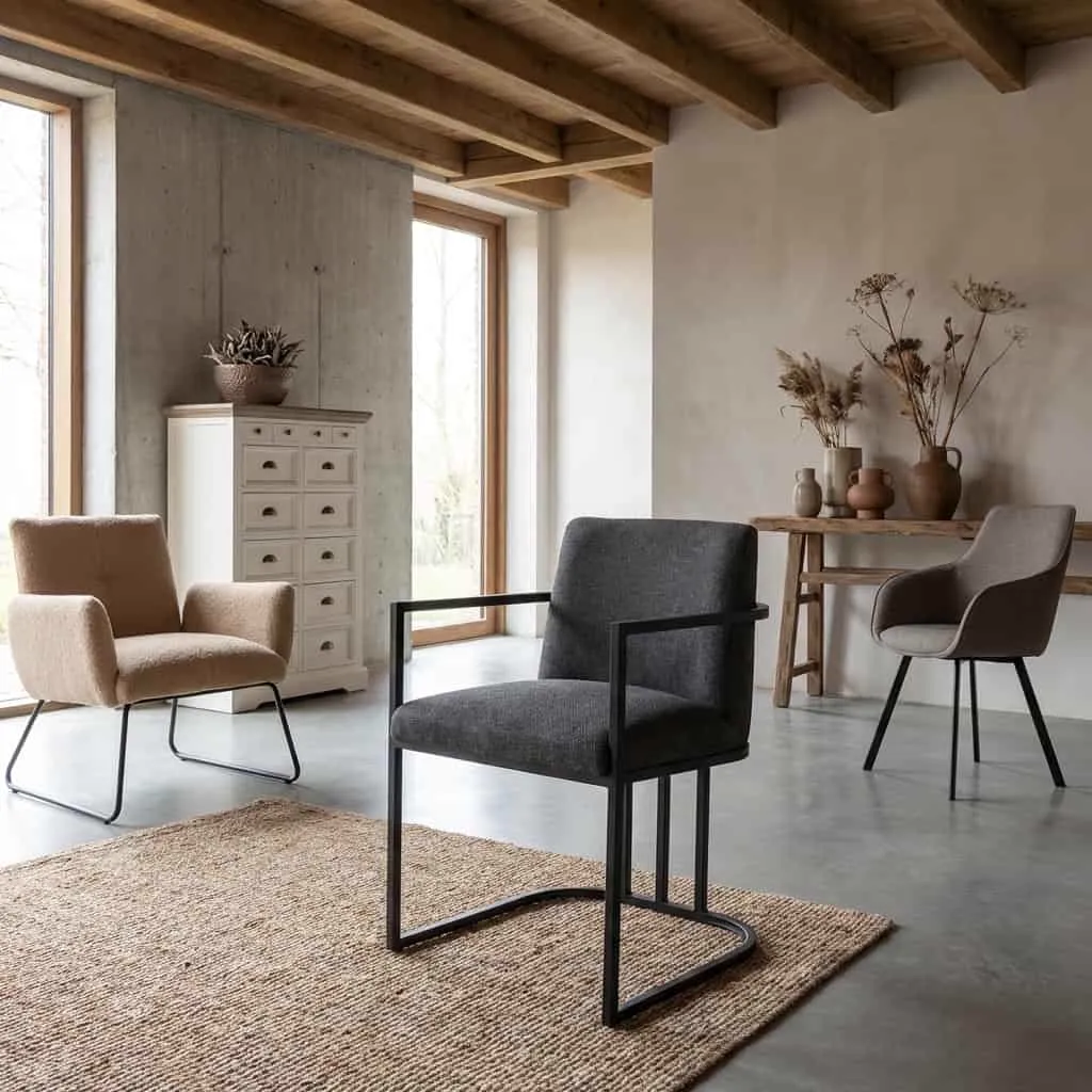 Archi Armstoel in graphite stof, staand op een vloerkleed in een modern interieur - Tower Living