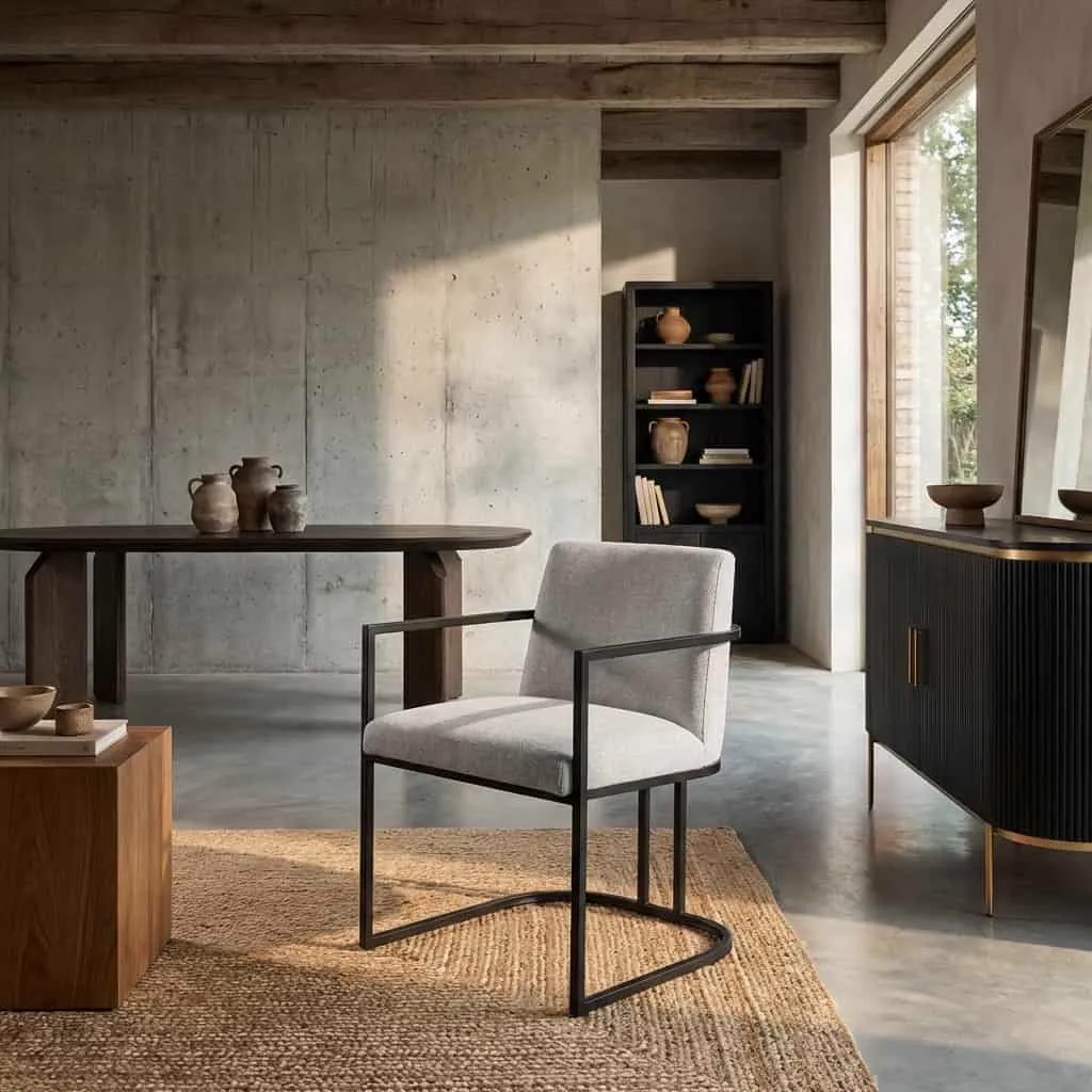Archi Armstoel in een moderne woonkamer met betonnen muren en houten accenten - Tower Living