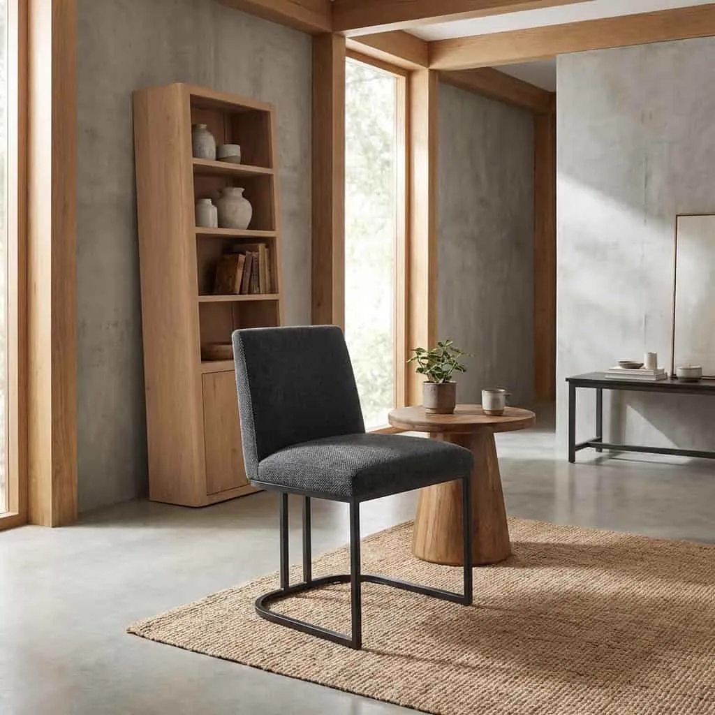 De Archi Stoel - fabric Eden 20 graphite in een modern interieur met houten accenten en een jute vloerkleed - Tower Living