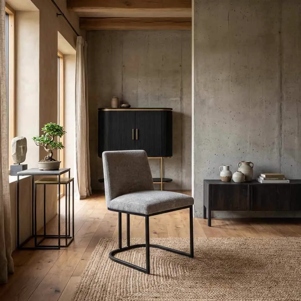 De Archi Stoel - fabric Eden 4 beige in een moderne woonkamer met houten vloer en tapijt - Tower Living