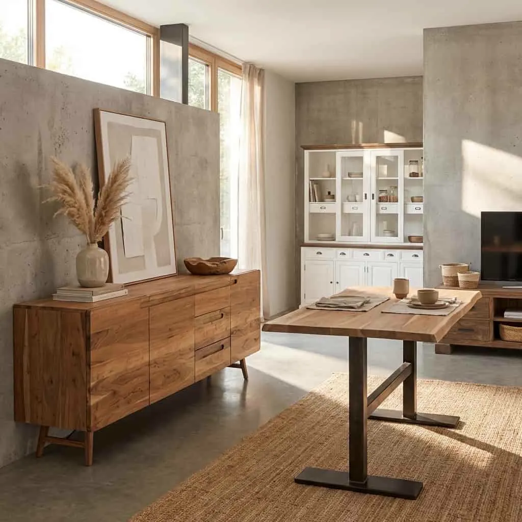 Aura Sideboard Natur 210 cm in einem modernen Wohnzimmer mit Betonwänden und einem Holzesstisch - Tower Living