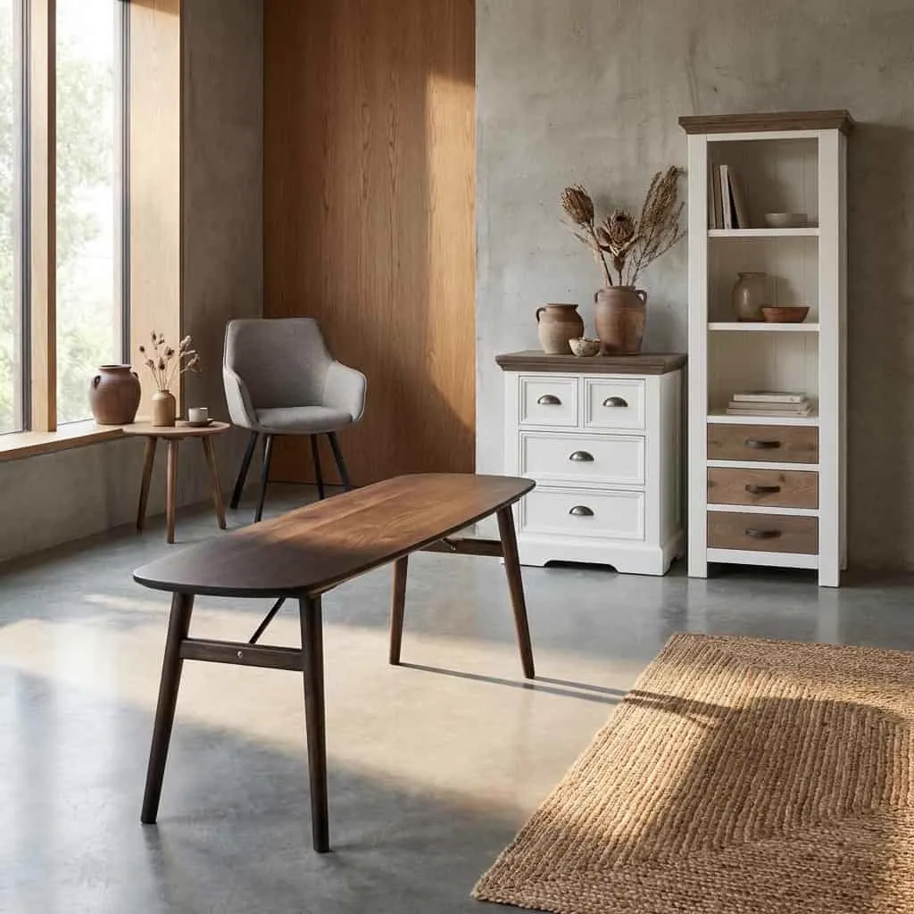 Der Aura Esstisch Espresso Dänisch Oval 220 cm in einem stimmungsvollen Wohnzimmer mit Stuhl und Kommode - Tower Living