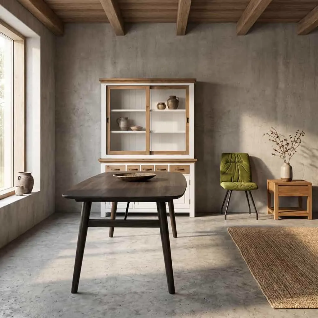Der Aura Esstisch Espresso dänisch oval 240 cm in einem stimmungsvollen Esszimmer mit Vitrine und grünem Stuhl - Tower Living