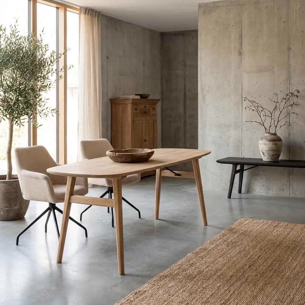 Der Aura Esstisch naturel dänisch oval 180 cm steht im Mittelpunkt eines modernen Esszimmers - Tower Living