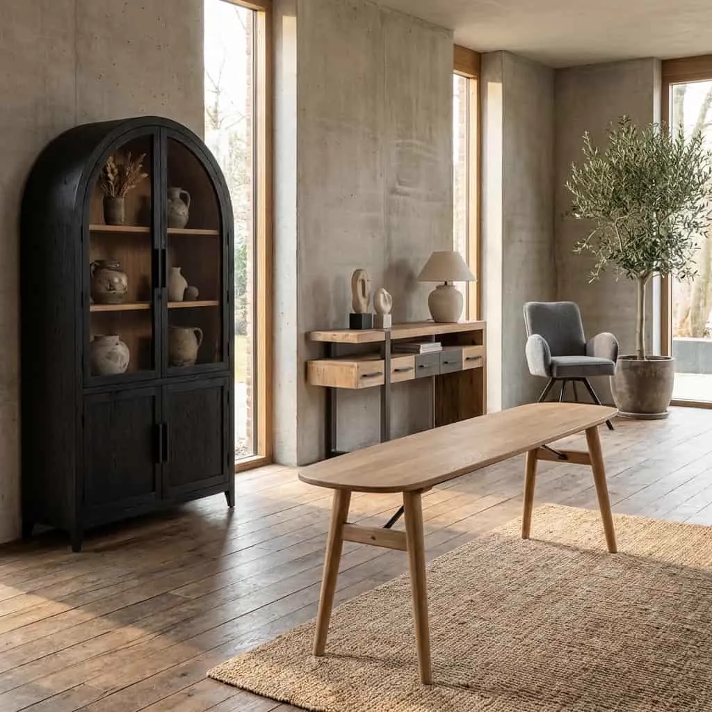 Aura Esstisch Natur dänisches Oval 200 cm in einem stimmungsvollen Wohnzimmer mit Holzboden und Jute-Teppich - Tower Living
