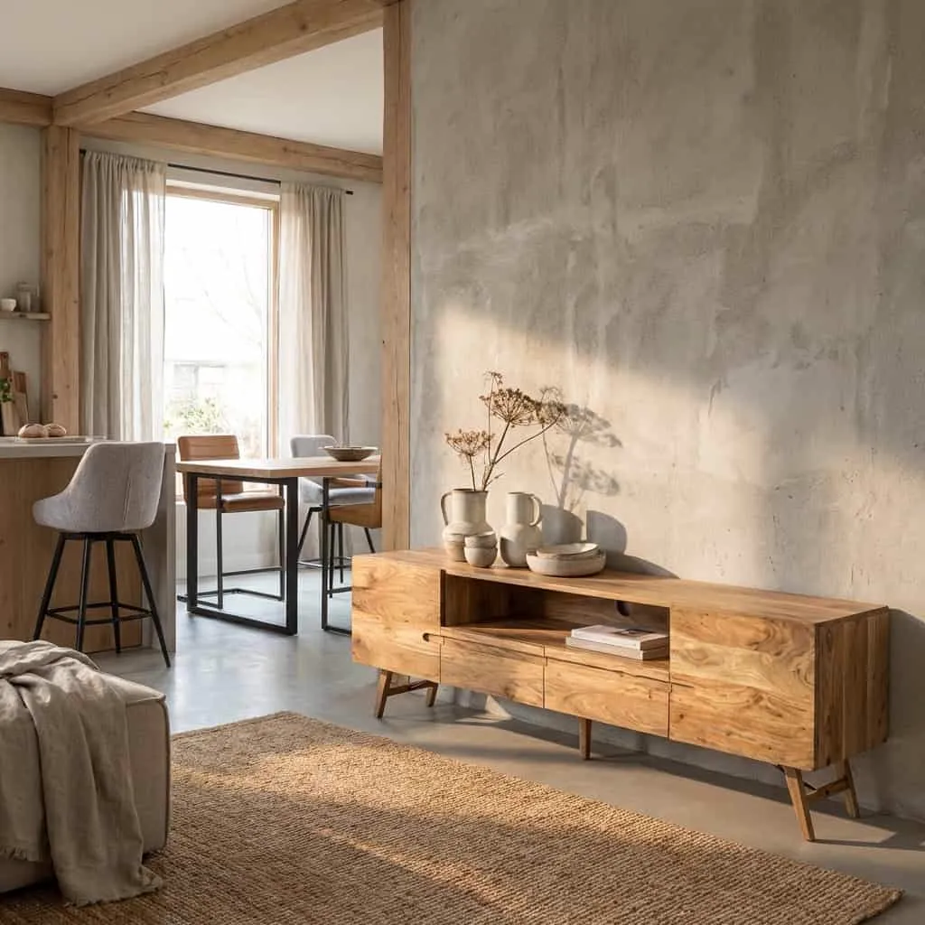 Aura TV-Möbel naturel 210 cm in einem stimmungsvollen Wohnzimmer mit Teppich, Vasen und Pflanzen - Tower Living