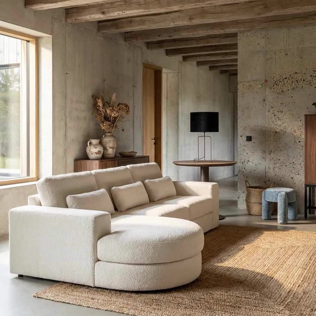 Bank Felix white chenille 2,5-seater + lounge round links - Richmond Interiors