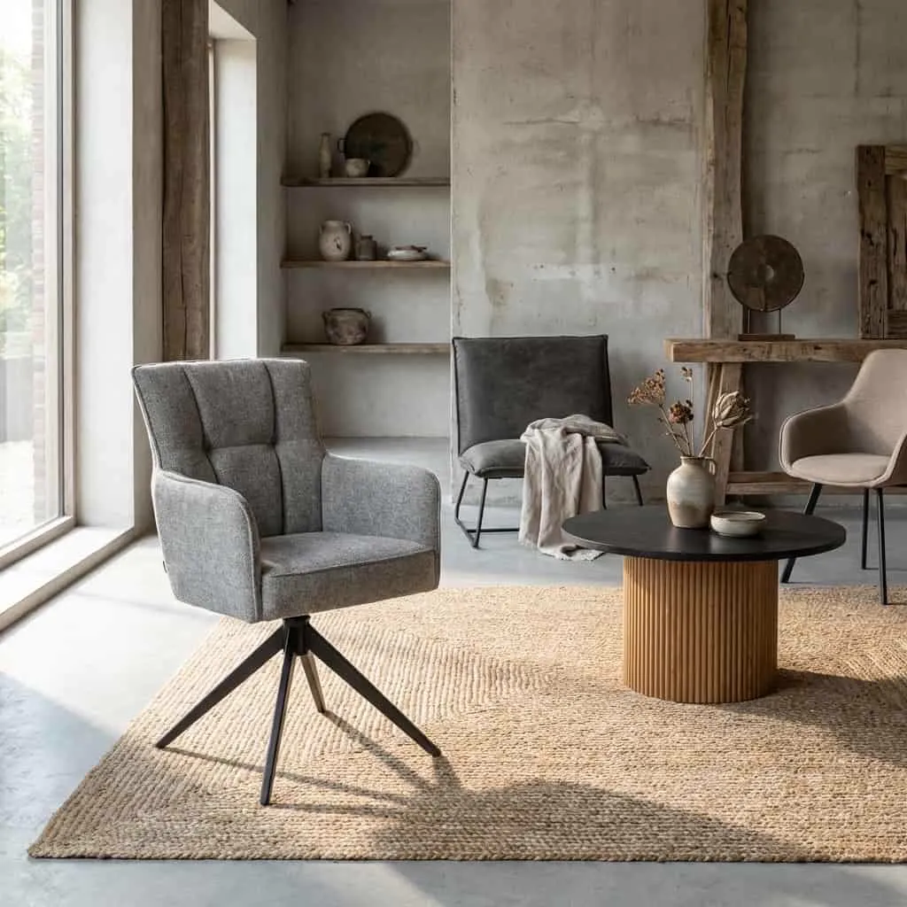 Der Bardi Sessel - Haga 09 Silver in einem stimmungsvollen Wohnzimmer mit Jute-Teppich - Tower Living