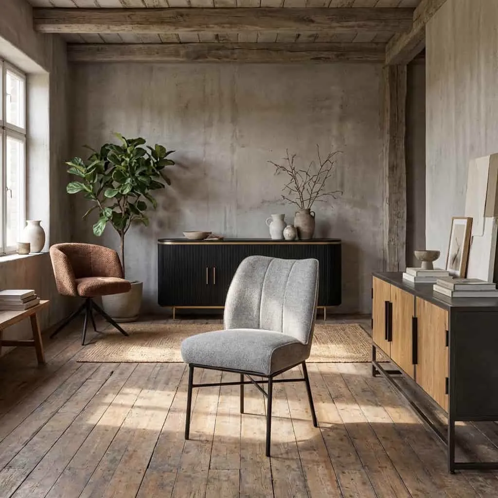 De Barzio Stoel - Oasis 40 Ashgrey staat centraal in een industriële woonkamer met houten vloer - Tower Living