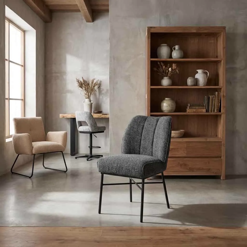 De Barzio Stoel - Oasis 87 Slate staat in een moderne woonkamer met een houten boekenkast en een fauteuil - Tower Living