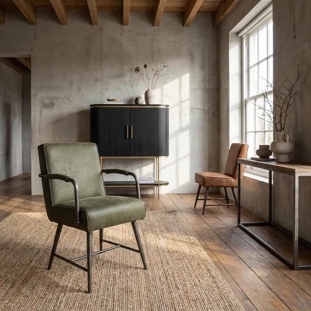 Belmonte Armstoel in een sfeervolle woonkamer met houten vloer en een zwart dressoir - Tower Living