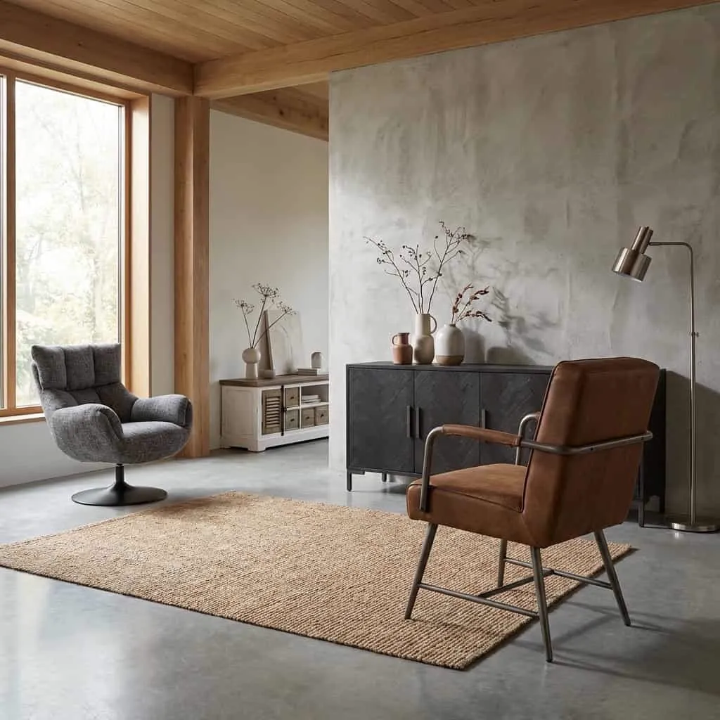 De Belmonte Armstoel - fabric Cherokee 8 cognac staat op een jute vloerkleed in een modern interieur - Tower Living