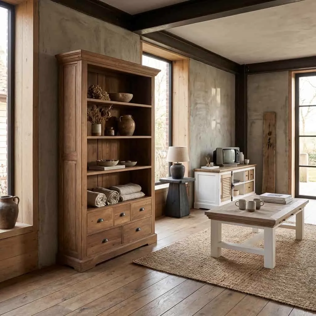 Das Bologna Bücherregal 111 cm in einem stimmungsvollen ländlichen Wohnzimmer mit Holzboden und Jute-Teppich - Tower Living