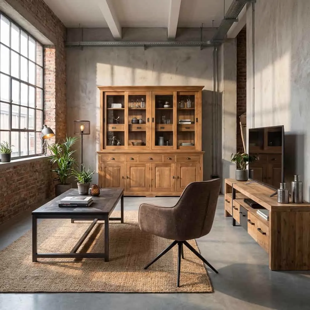 Das Bologna Sideboard 204 cm in einem industriellen Wohnzimmer mit Ziegelwand und großen Fenstern - Tower Living