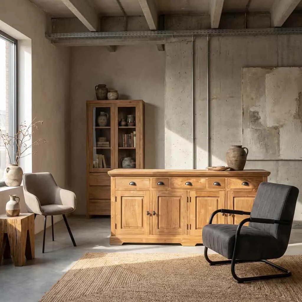 Das Bologna Sideboard 200 cm in einem industriellen Wohnzimmer mit einem beigen Sessel und einem dunkelgrauen Stuhl - Tower Living