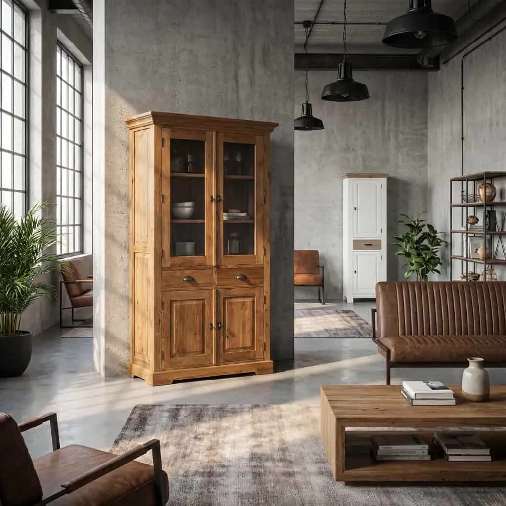 Der Bologna Vitrinenschrank 115 cm in einem industriellen Wohnzimmer mit Betonwänden und großen Fenstern - Tower Living