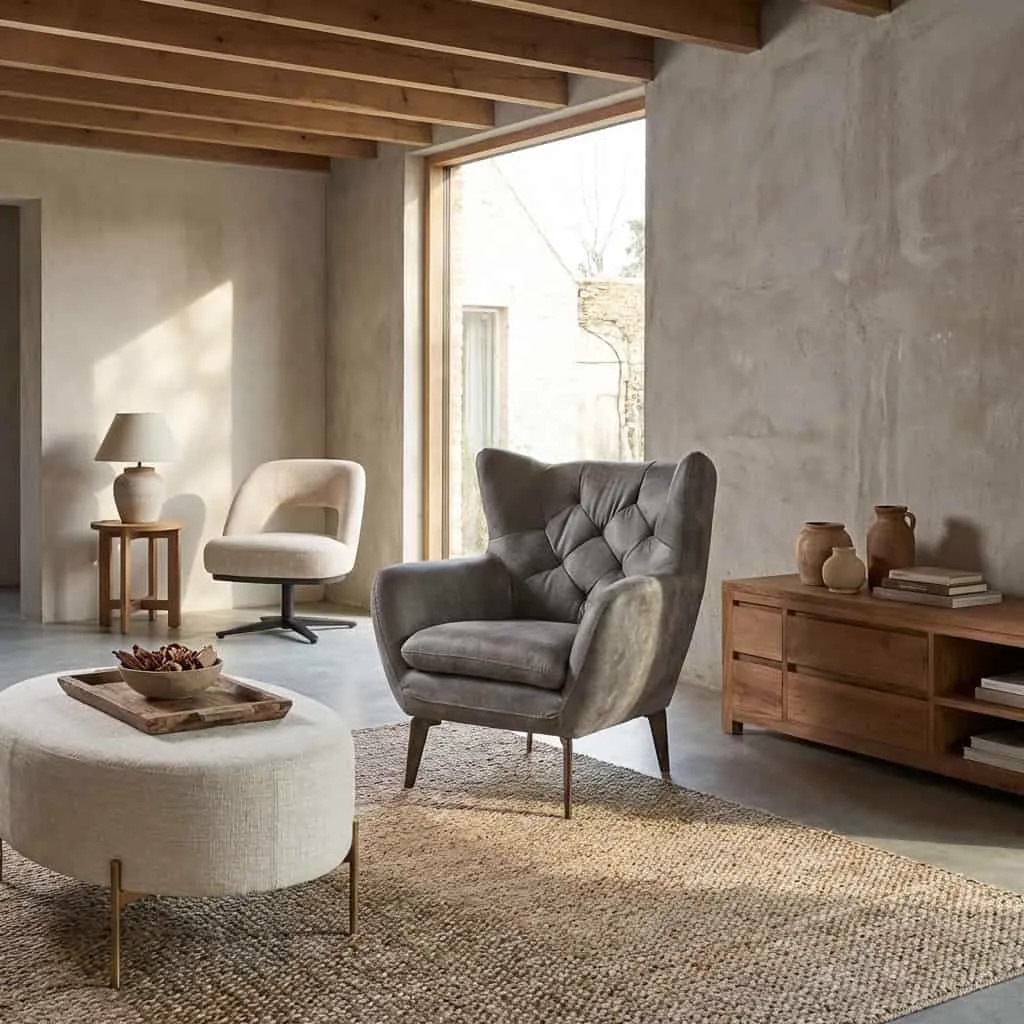 Der Bomba Sessel - Bliss 4 Grey in einem stimmungsvollen Wohnzimmer mit einem niedrigen Sideboard und einem Hocker - Tower Living