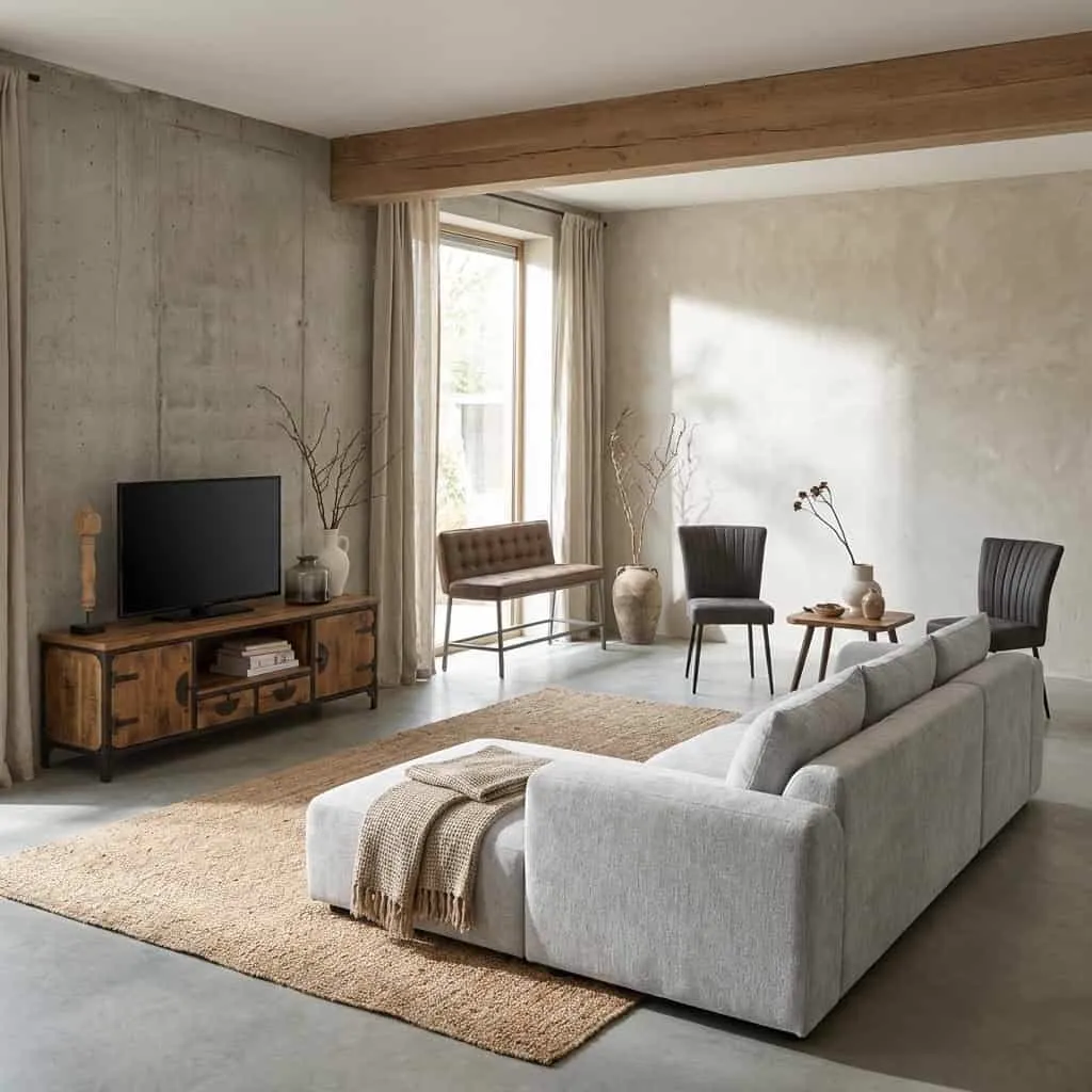 De Canterbury 2.5-AL + Chaise R - Mona 110 Sand bankstel in een moderne woonkamer met houten meubels - Tower Living