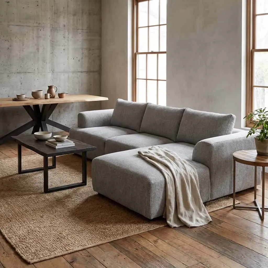De Canterbury 2 5-AL + Chaise R - Mona 120 Taupe bank in een moderne woonkamer met houten vloer en jute vloerkleed - Tower Living
