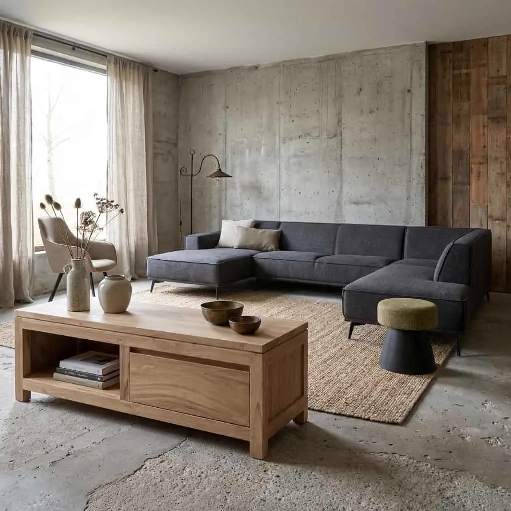 Corona TV-Möbel 120 cm in einem stimmungsvollen Wohnzimmer mit dunkelgrauem Ecksofa und Teppich - Tower Living