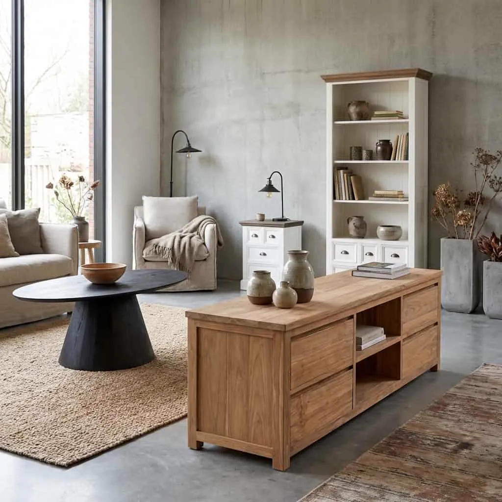 Das Corona TV-Möbel 160 cm in einem stimmungsvollen Wohnzimmer mit Sofa, Sessel und Couchtisch - Tower Living