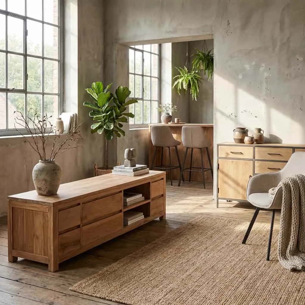 Das Corona TV-Möbel 170 cm in einem stimmungsvollen Wohnzimmer mit Pflanzen und einem Teppich - Tower Living
