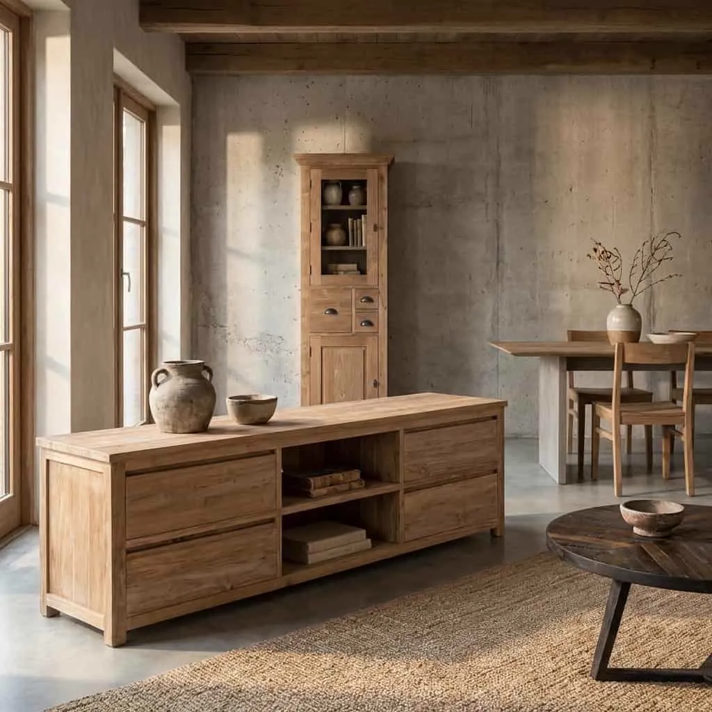 Corona TV-Möbel 200 cm in einem stimmungsvollen Wohnzimmer mit Holzbalken und einem Jute-Teppich - Tower Living