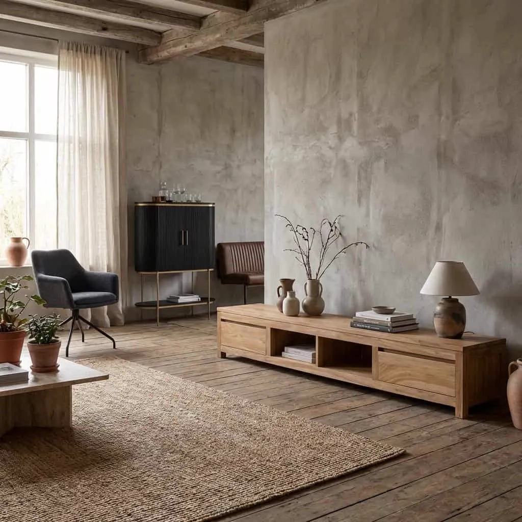 Corona TV-Möbel 240 cm in einem stimmungsvollen Wohnzimmer mit Holzboden und einem Jute-Teppich - Tower Living