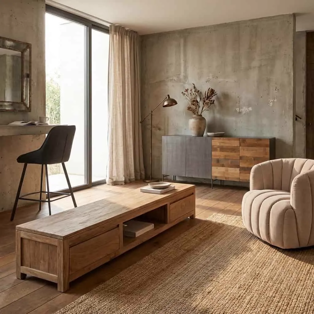 Corona TV-Möbel 300 cm in einem Wohnzimmer mit Betonwand und Fenster, aus niedriger Perspektive - Tower Living