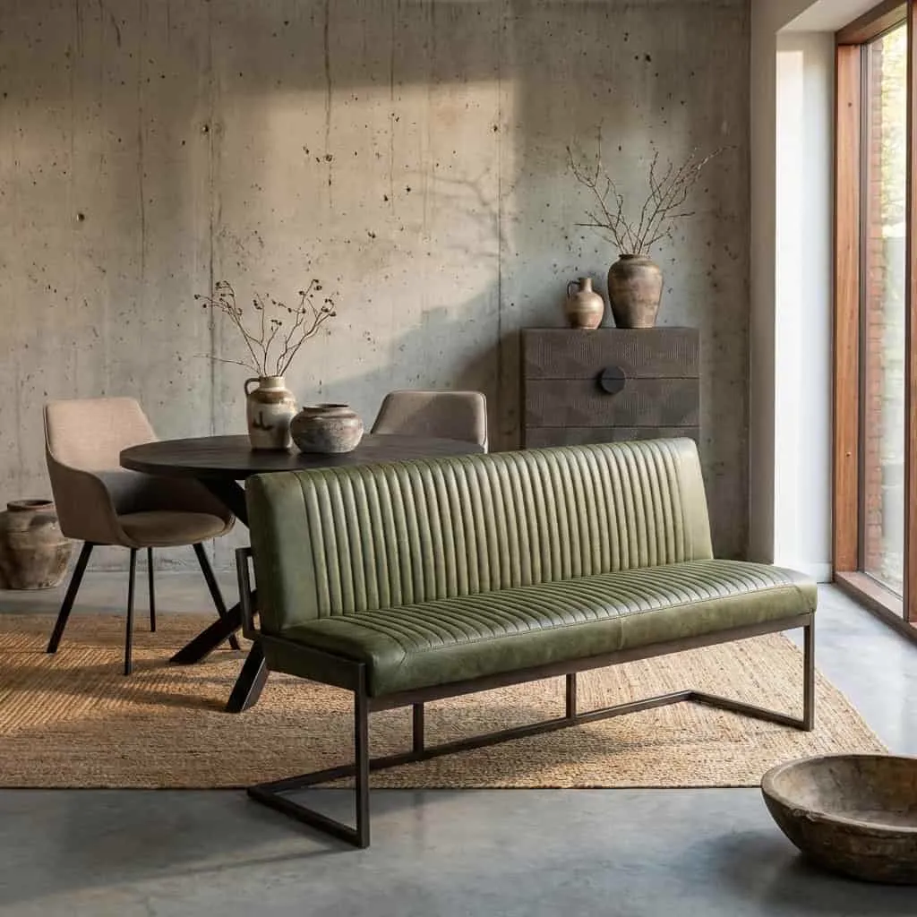Het Ferro Bankje 135 - fabric Savannah green in een industriële woonkamer met een ronde eettafel - Tower Living