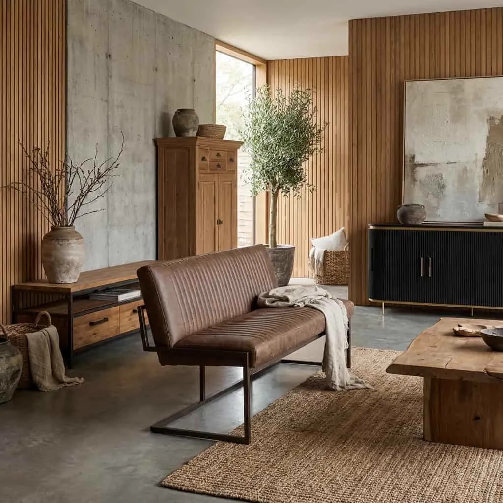 Het Ferro Bankje 135 - fabric Savannah light brown in een sfeervolle woonkamer met houten wanden en een vloerkleed - Tower Living