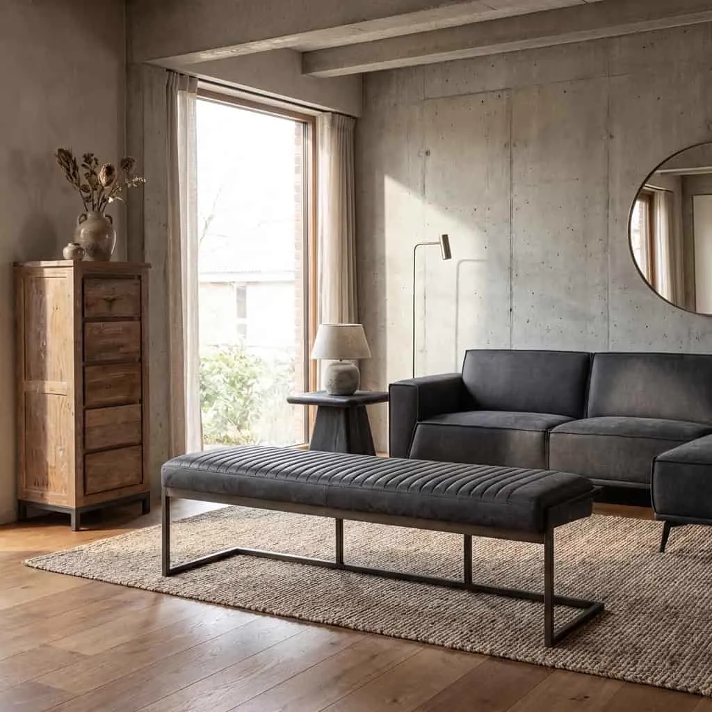 Ferro Bankje 155 - fabric Savannah anthracite in een moderne woonkamer met bank en houten kast - Tower Living