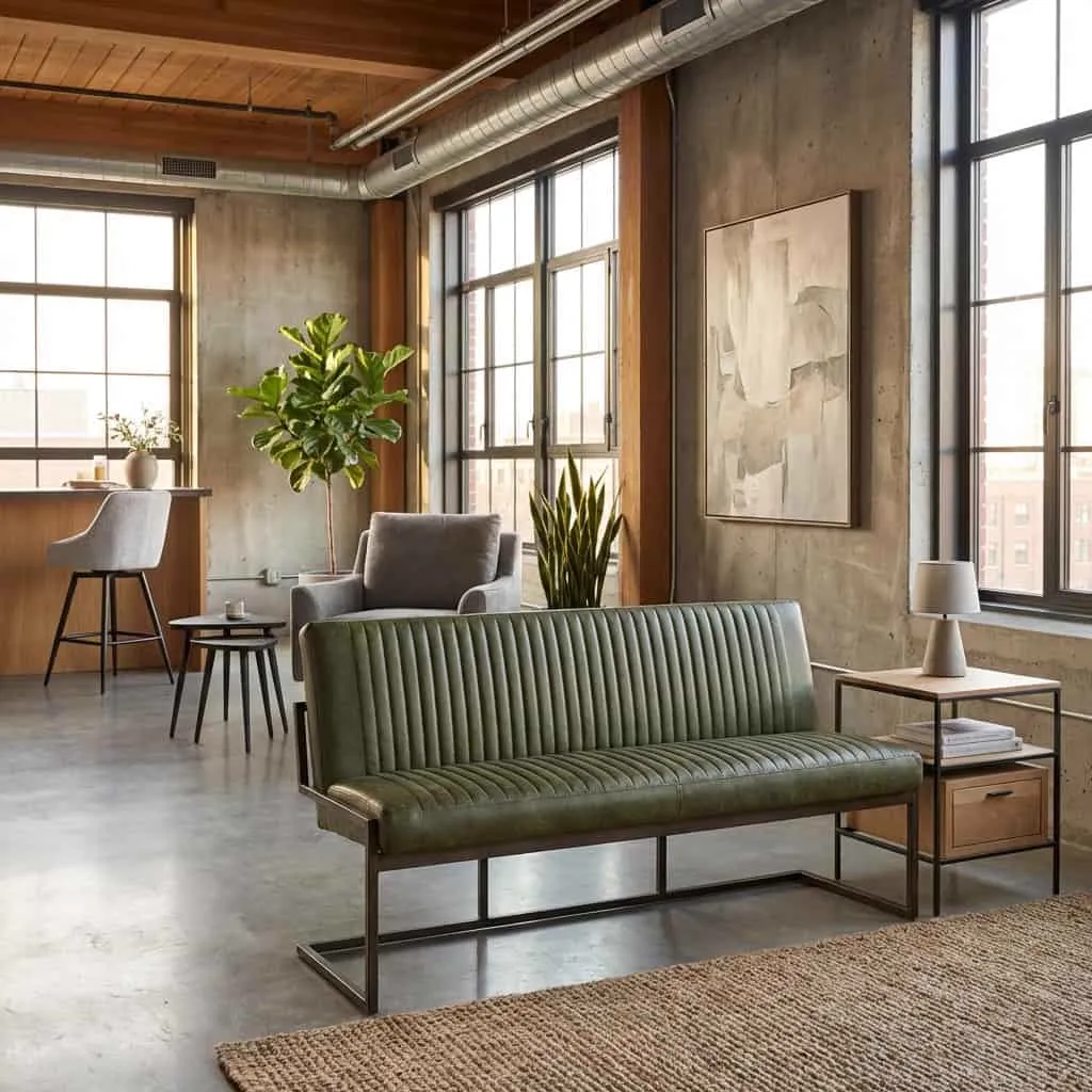Het Ferro Bankje 155 - fabric Savannah green in een industriële woonkamer met hoog plafond en grote ramen - Tower Living