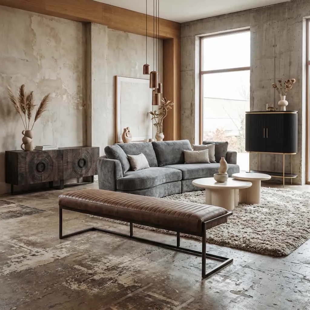 Het Ferro Bankje 155 in een sfeervolle woonkamer met een grijze bank en een vloerkleed, vanuit een laag standpunt gefotografeerd - Tower Living