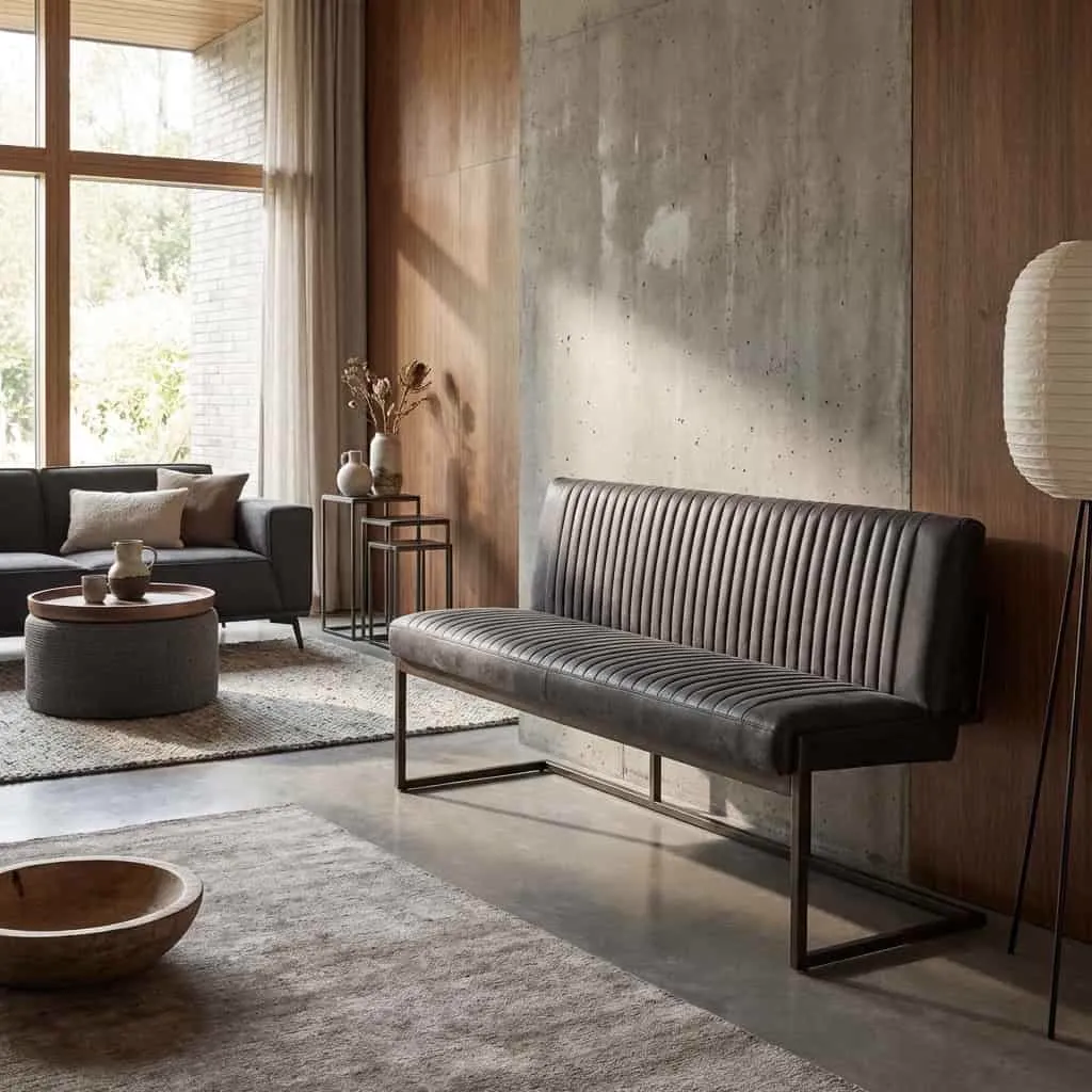 Het Ferro Bankje 185 - fabric Savannah anthracite in een moderne woonkamer met een grijze bank en houten wand - Tower Living