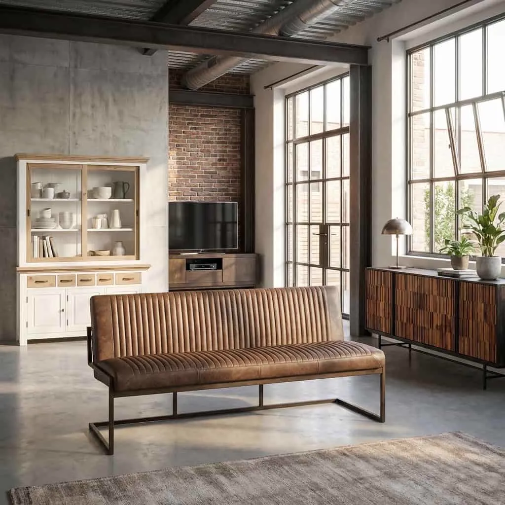 Het Ferro Bankje 185 in een industriële woonkamer met een dressoir en vitrinekast - Tower Living