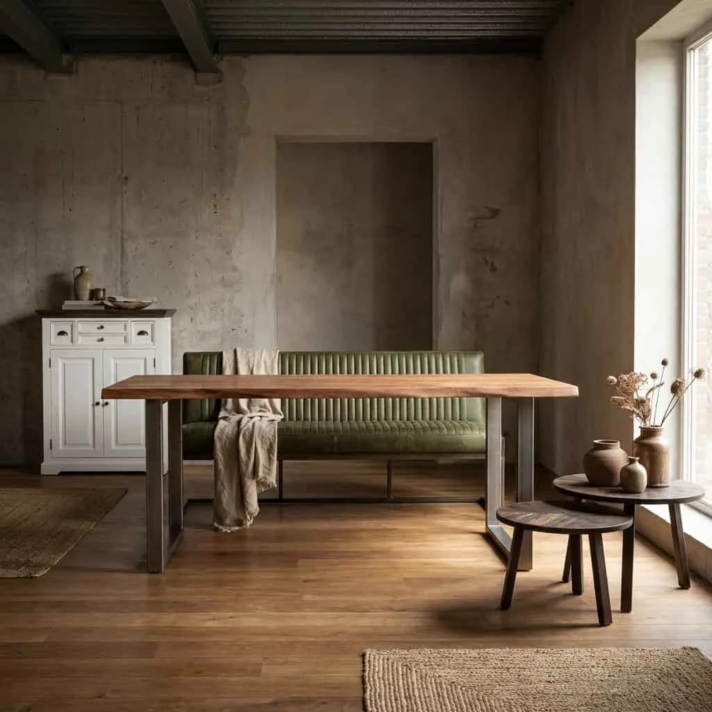 Ferro Bankje 185 - fabric Savannah green in een industriële woonkamer met houten vloer en bijzettafels - Tower Living