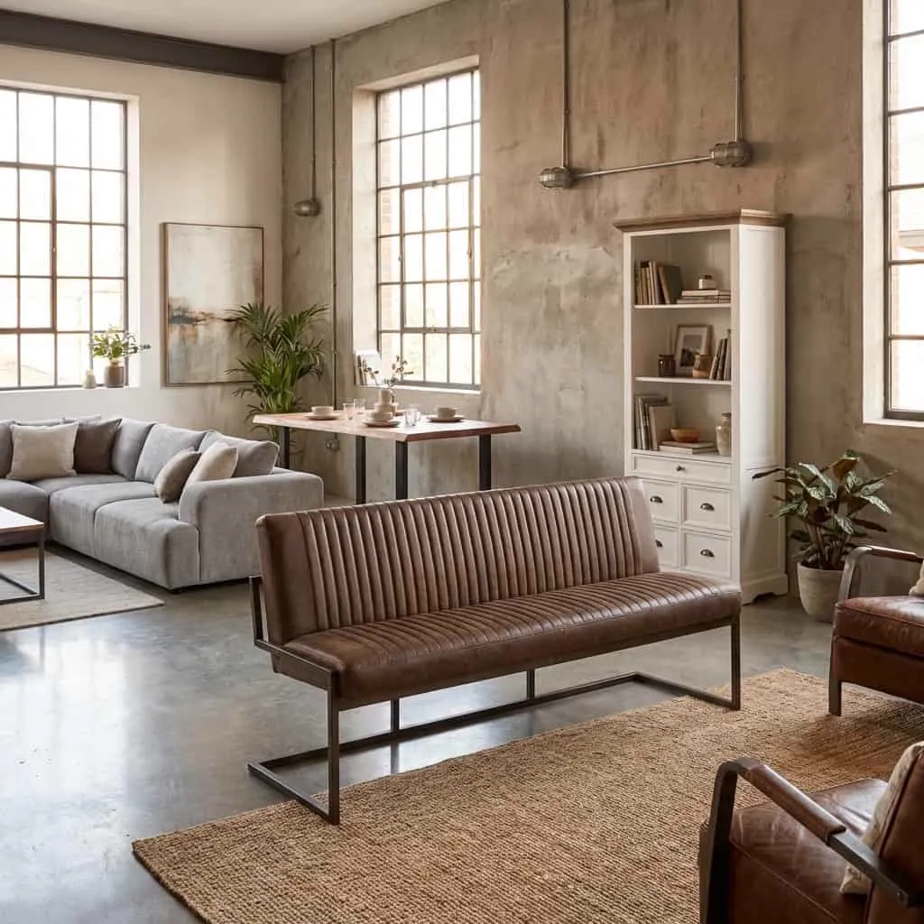 Ferro Bankje 205 - fabric Savannah dark brown in een industriële woonkamer met een grijze hoekbank en eettafel - Tower Living