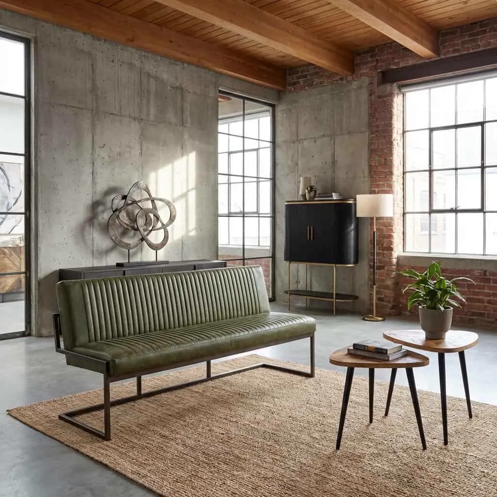 Ferro Bankje 205 - fabric Savannah green in een industriële woonkamer met bakstenen muur en houten plafond - Tower Living