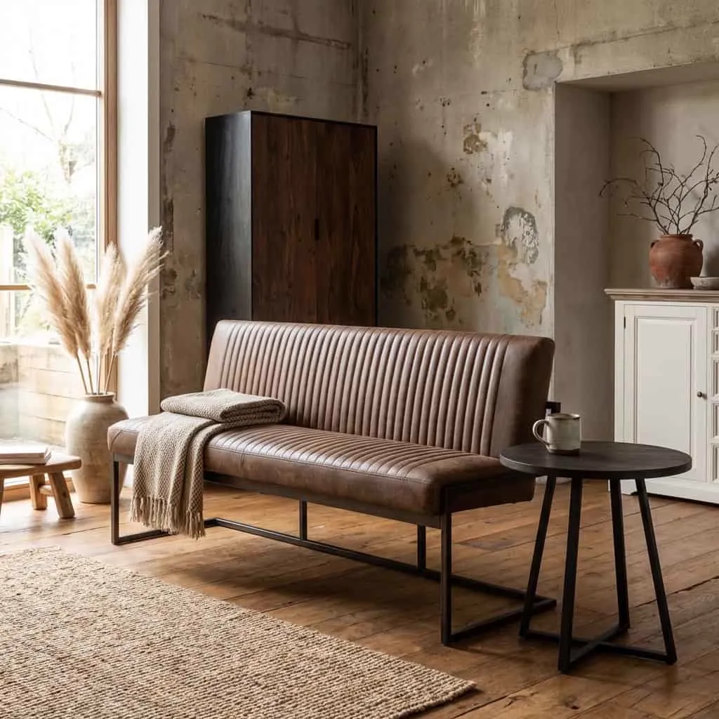 Ferro Bankje 205 - fabric Savannah light brown in een sfeervolle woonkamer met houten vloer en decoratie - Tower Living
