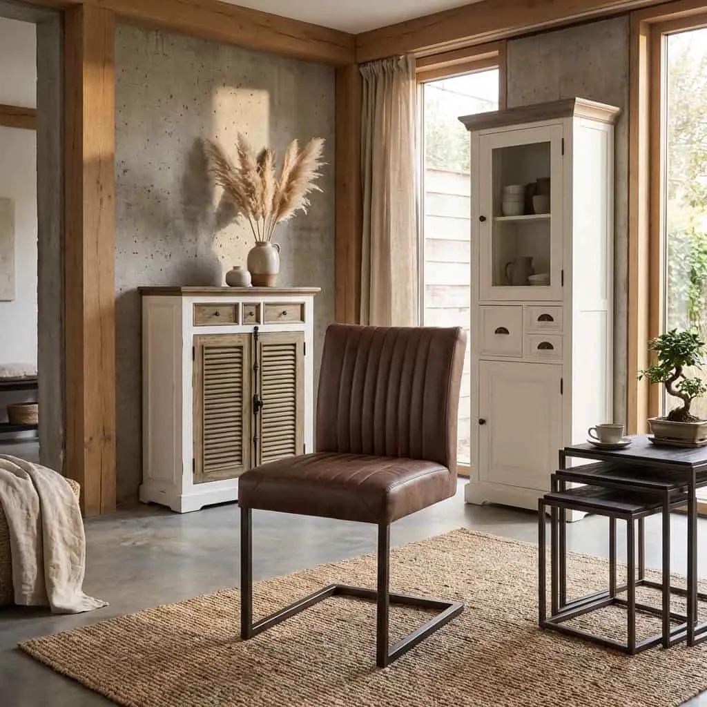 Der Ferro Stuhl - Stoff Savannah dunkelbraun steht auf einem Jute-Teppich in einem stimmungsvollen Wohnzimmer - Tower Living