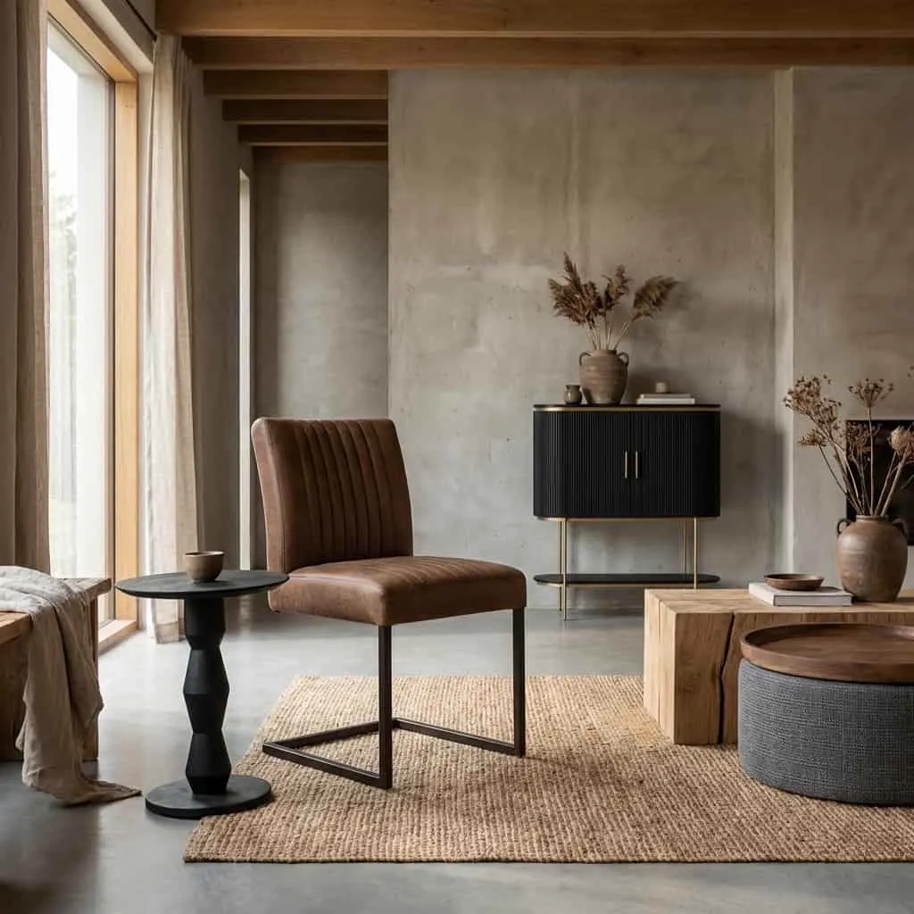Der Ferro Stuhl - Stoff Savannah hellbraun in einem stimmungsvollen Wohnzimmer mit Jute-Teppich - Tower Living
