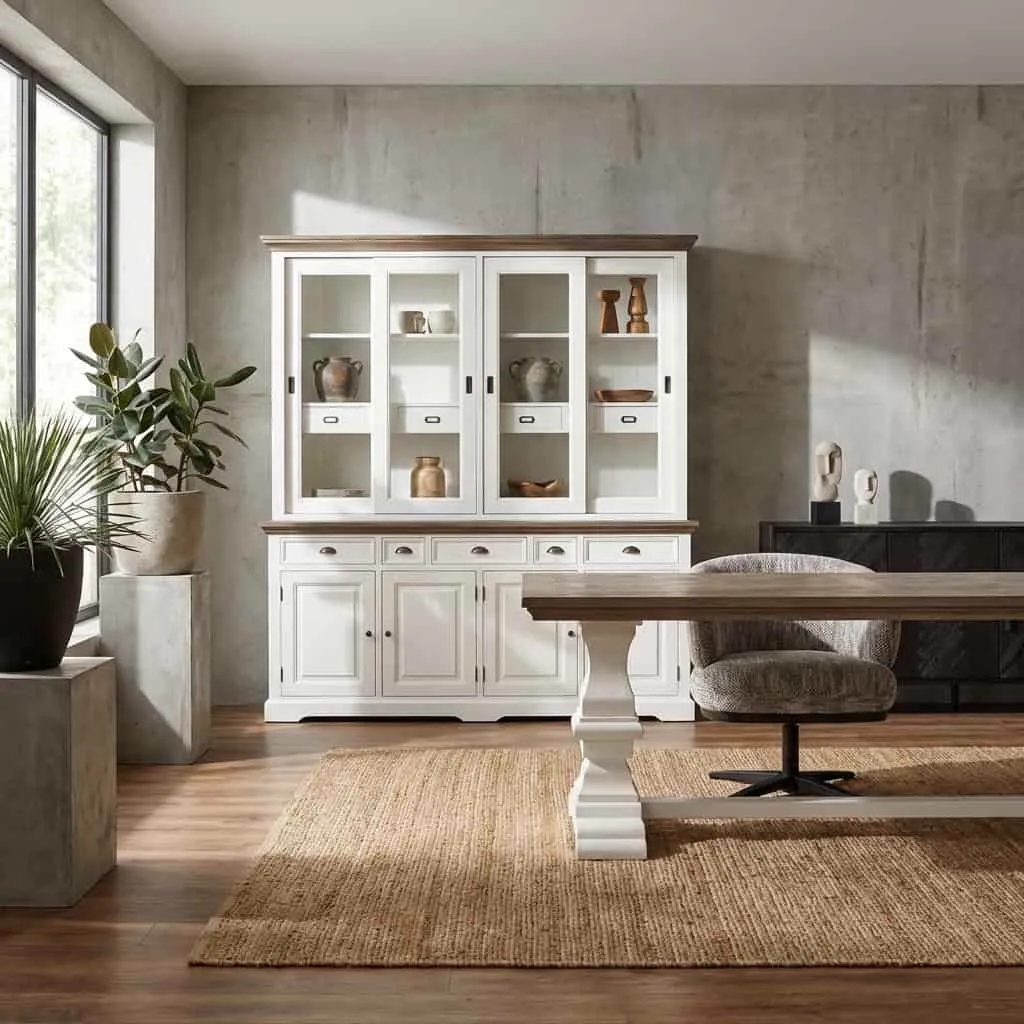 Das Fleur Sideboard 204 cm in einem stimmungsvollen Wohnzimmer mit Holzboden und Jute-Teppich - Tower Living