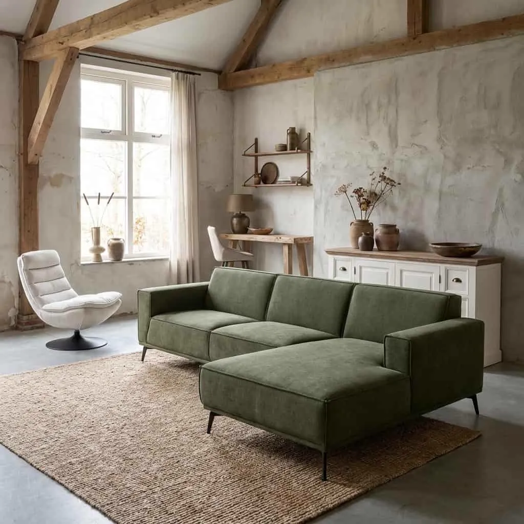 Leeds 2 5-AL + Chaise R - City 355 Bottle Green bankstel in een landelijke woonkamer met houten balken - Tower Living