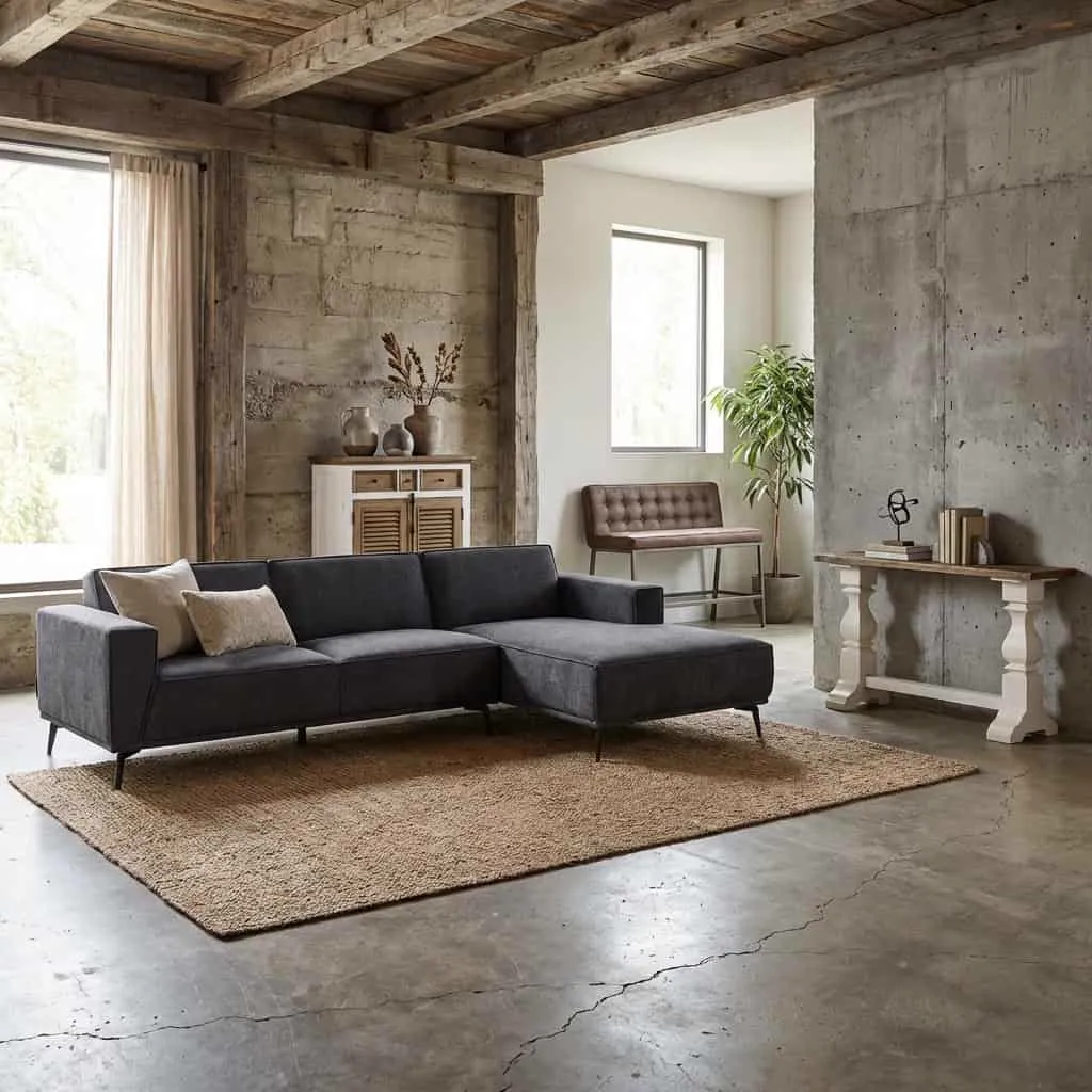 Leeds 2 5-AL + Chaise R - City 464 Black Blue bankstel in een industriële woonkamer met betonnen muren en houten plafond - Tower Living