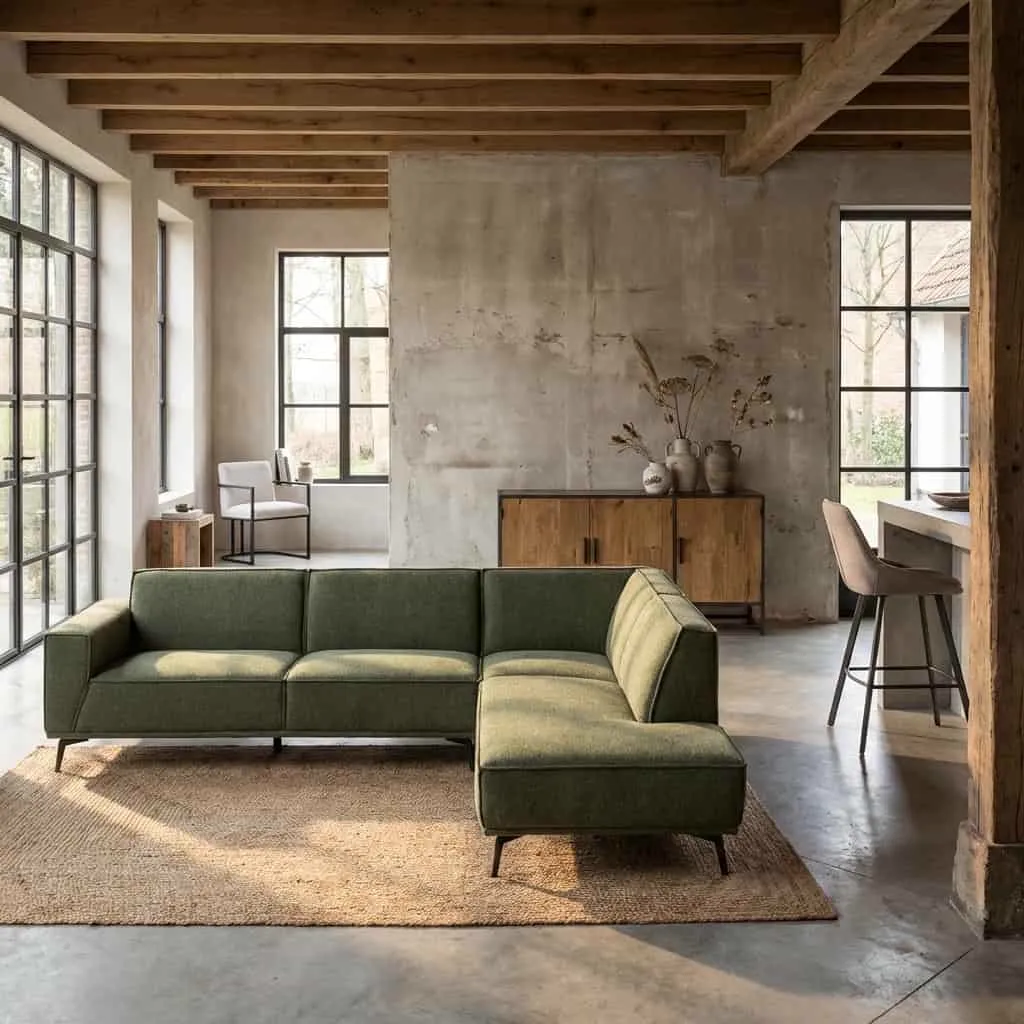 De Leeds 2 5-AL + Ottoman R - City 355 Bottle Green bank in een sfeervolle woonkamer met houten balken - Tower Living